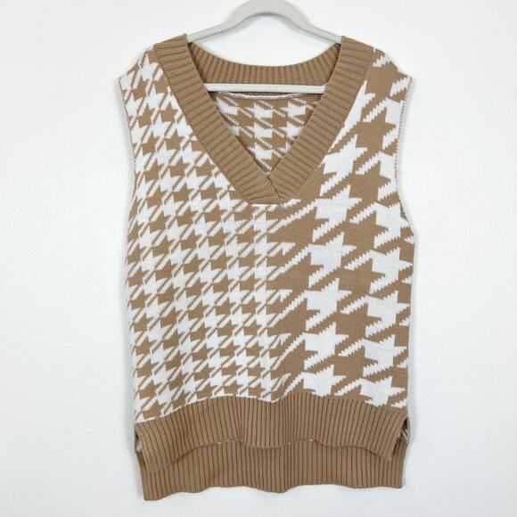 Houndstooth V-Neck Pullover Sweater Vest White & Tan Women's Small - Picture 1 of 9
